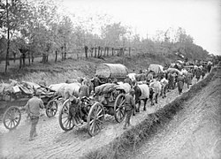 A column of horse-drawn wagons makes its way along a dirt road up a hill.