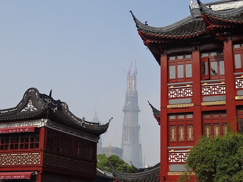 File:Shanghai Tower (under construction) seen from the Yuyuan Gardens.JPG