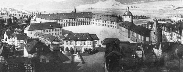 The new Nassauischer Hof, later called Untere Schloss, seen from the west, ca. 1720. Attempt at reconstruction, ink drawing, Wilhelm Scheiner, 1922.