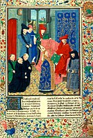 Philip the Good with Chancellor Rolin and the future Charles the Bold accepts the Grandes Chroniques de France from Guillaume Fillastre on January 1, 1457. By Simon Marmion, probably the figure at left.