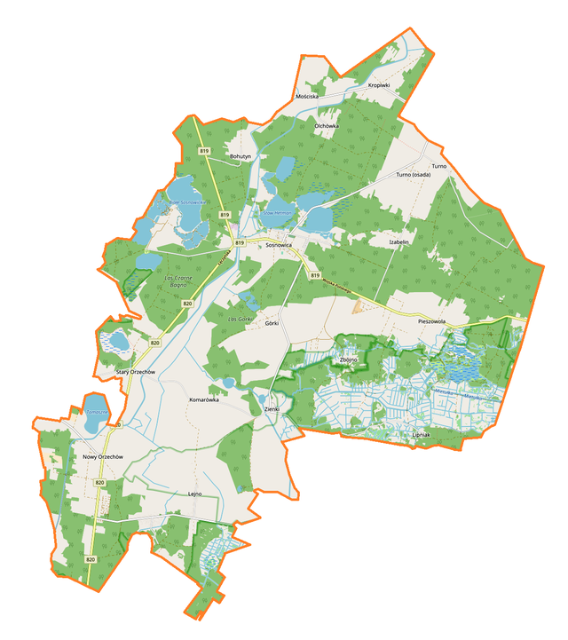 Mapa konturowa gminy Sosnowica, blisko centrum u góry znajduje się punkt z opisem „Sosnowica, cerkiew”