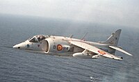 Spanish Hawker Siddeley AV-8S Matador in flight over the Mediterranean Sea, 1 June 1988 (6430231).jpg