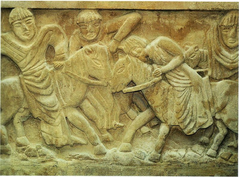 Carving depicting the murder of Dagobert from the crypt of the Basilica of Saint Dagobert in Stenay