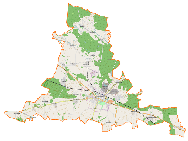 Mapa konturowa gminy Strzelce Opolskie, na dole znajduje się punkt z opisem „Strzelce Opolskie”