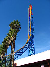 The Superman: Escape from Krypton roller coaster at Six Flags Magic Mountain provides 6.5 seconds of ballistic weightlessness. Superman Escape from Krypton tower.jpg