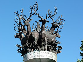 Statue by Laszlo Marton depicting the nine stags Szarvassa valtozott fiuk - 2013.JPG
