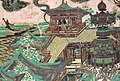 A fresco shows the Tang style architecture in the Buddhist land.