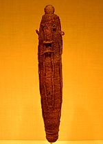 A sacred god figure wrapping for the war god 'Oro, made of woven dried coconut fibre (sennit), which would have protected a Polynesian god effigy (to'o), made of wood Tahiti-Oro.jpg