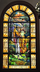 This stained glass window depicting Moses with the Tablets, now on the western side of the Schoenfeld-Gardner Chapel of Temple De Hirsch Sinai, Seattle, was salvaged from the 1908 Temple De Hirsch, where it was located on the east end, over the Ark and Torah. The text at the bottom says "In memory of Fred Schwabacher the gift of his mother". Temple De Hirsch Sinai - Moses with the Tablets (stained glass) 01.jpg