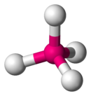 Skeletal model of a terahedral molecule with a central atom (oganesson) symmetrically bonded to four peripheral (fluorine) atoms.
