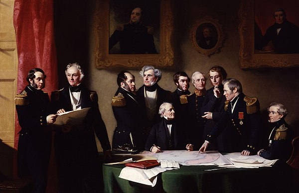 The Arctic Council planning a search for Sir John Franklin by Stephen Pearce, 1851. Left to right are: Sir George Back; Sir William Edward Parry; Edwa