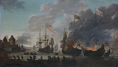 The Dutch raid on the Medway in 1667; the regiment was based nearby at the Chatham naval base The Dutch burn English ships during the expedition to Chatham (Raid on Medway, 1667)(Jan van Leyden, 1669).jpg