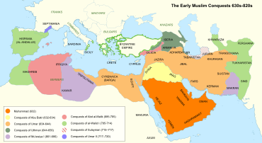A map of northern Africa, southern Europe and western and central Asia with different color shades denoting the stages of expansion of the caliphate
