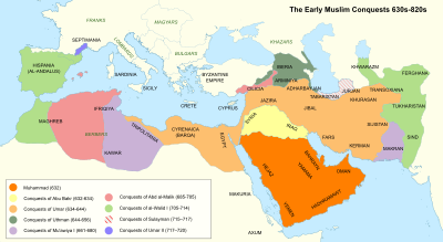 A map showing different phases of the early Muslim conquests in Asia, Africa, and Europe