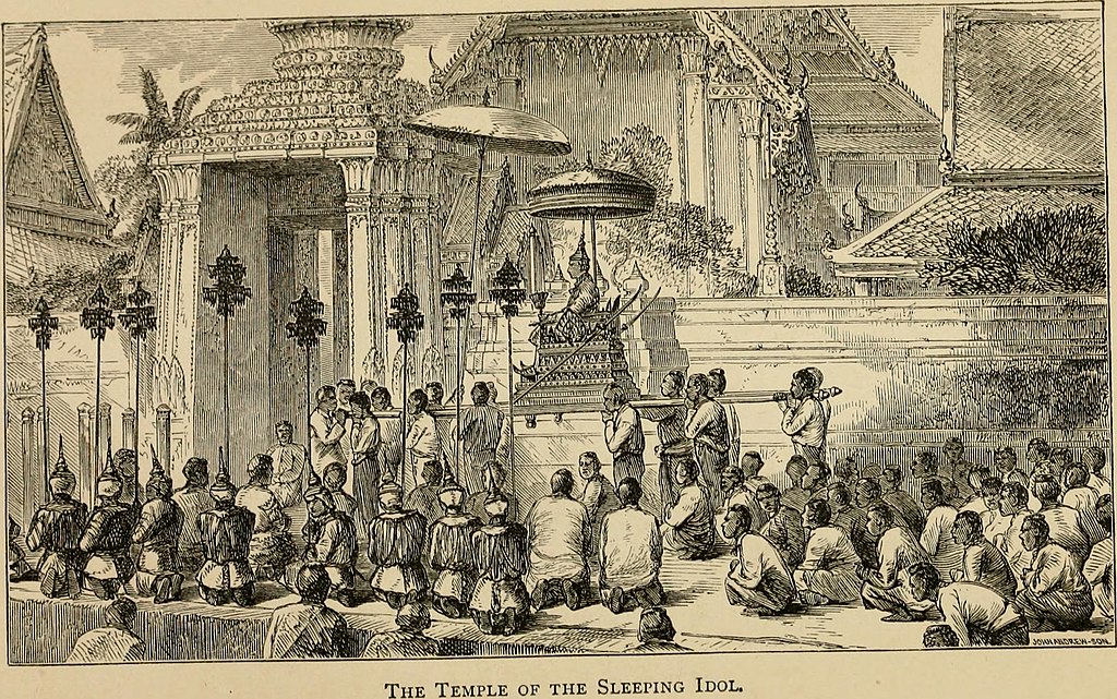 Visite du roi de Siam au temple Wat Pho à Bangkok en 1865.