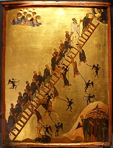 The Ladder of Divine Ascent icon showing monks ascending to Jesus in Heaven, top right. 12th century, Saint Catherine's Monastery. The Ladder of Divine Ascent.jpg