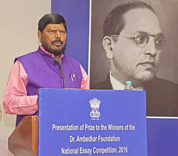 The Minister of State for Social Justice & Empowerment, Ramdas Athawale addressing at the presentation of the Essays Competition awards under Dr. Ambe