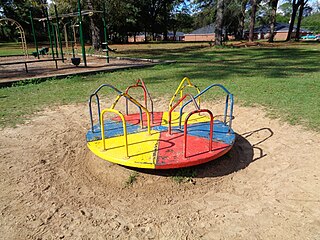 <span class="mw-page-title-main">Roundabout (play)</span> Flat disk with bars on it that act as both hand-holds and something to lean against while riding
