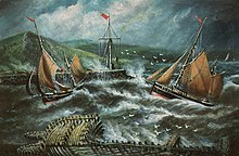 Trawlers entering Aberystwyth, painting by Alfred Worthington (1834-1927) in the art collection of the National Library of Wales. Trawlers Entering Aberystwyth (gcf00953).jpg