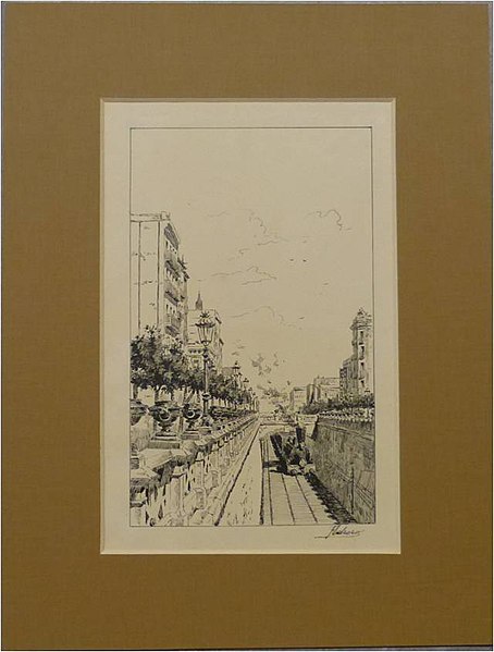 File:Tren atravesando Barcelona, c. Aragón, ink drawing by Mariano Pedrero, MBU-9032.jpg