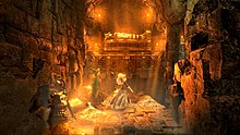 Characters discovering treasure in the game Trine 2 Trine 2 - Deadly Dustland Treasure.jpg