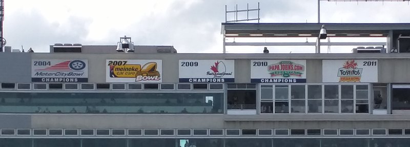 Bowl game banners at Pratt & Whitney Stadium at Rentschler Field, home of Connecticut Huskies football, as of September 2015 UConn football bowl game banners 2015.jpg