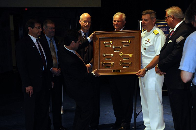 File:US Navy 110616-N-CI293-584 Rock Island County Chairman James Bohnsack, left, Rock Island Arsenal Garrison Manager Joel Himsl, East Moline Mayor Joh.jpg