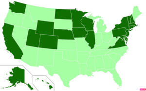 States in the United States by median family household income according to the U.S. Census Bureau American Community Survey 2013–2017 5-Year Estimates.[258] States with median family household incomes higher than the United States as a whole are in full green.