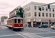 A Vintage Trolley passing Powell's Books, on the Portland Streetcar line, in 2001 Vintage Trolley passing Powell's Books, 7-29-2001.jpg