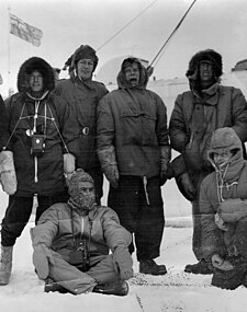 Moss behind Fuchs, Hillary and others, Scott Base, Antarctica, 1958