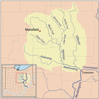 Mapa Killbuck Creek v povodí řeky Walhonding.