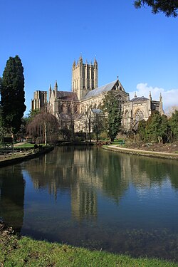 Catedral de Wells en la piscina reflectante del jardín del palacio del Obispo.