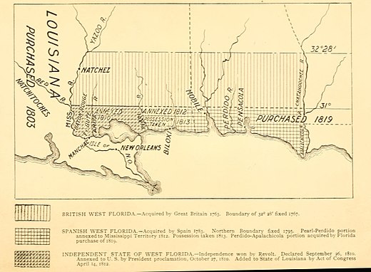 A sketch map published in 1898 showing the territorial changes of "West Florida"[18]p 2