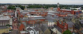 Wrexham town centre viewed from St Giles' Church.jpg