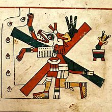 The Aztec god Xolotl, depicted here in the 15th century Codex Fejervary-Mayer, may have been based on the Mexican wolf rather than a dog as once believed. Xolotl 1.jpg