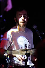 Zack Levine, the group's co-founder and drummer, performing in 2016. Zack Levine - Pinegrove.jpg