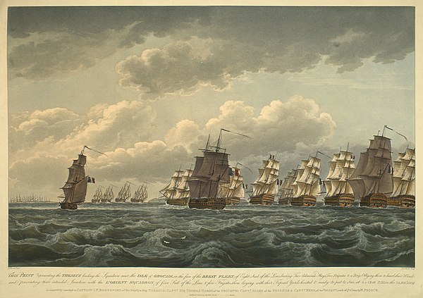 A view of the British Squadron, led by the Theseus, preventing the French Orient squadron from joining with their Brest squadron near the Isle of Grou