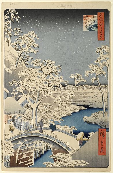 Drum bridge at Meguro and Sunset Hill, 1854 Hiroshige