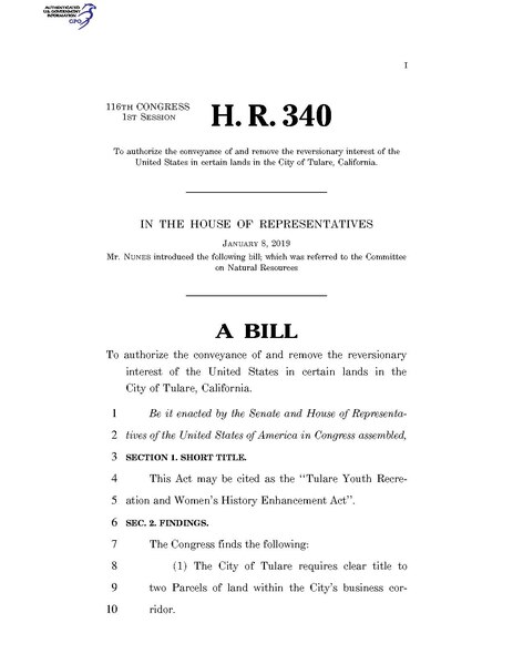 File:116th United States Congress H. R. 0000340 (1st session) - Tulare Youth Recreation and Women's History Enhancement Act.pdf