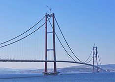 The Çanakkale 1915 Bridge on the Dardanelles strait, connecting Europe and Asia, is the longest suspension bridge in the world.[289]