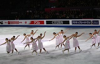 Synchronized skating A sport where between eight and twenty figure skaters perform together as a team