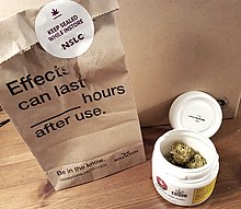 Example of a recreational cannabis purchase at a Nova Scotia Liquor Corporation cannabis store in 2018. 2018 Legal Recreational Cannabis Purchase in Canada (45535922122).jpg