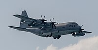 A United States Marine Corps KC-130J, registration number 169535, on final approach at Kadena Air Base in Okinawa, Japan. The aircraft belongs to VMGR-152 at Marine Corps Air Station Iwakuni.