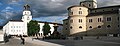 Deutsch: Die Glockenspiel und Dom am Residenzplatz, Salzburg, Österreich English: The Glockenspiel and the Cathedral on Residence Square, Salzburg, Austria   This panoramic image was created with Autostitch (stitched images may differ from reality). Camera location 47° 47′ 55.7″ N, 13° 02′ 45.9″ E    View all coordinates using: OpenStreetMap