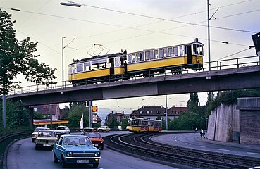 A very special encounter of the Stuttgart rack railway and the Stuttgart tramway at the bridge over the Neue Weinsteige