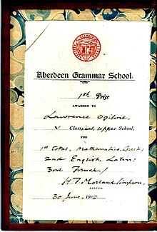 A certificate awarded to a pupil in 1915 for success in Maths, English, Greek, Latin, and French. Aberdeen Grammar School 1st prize 1915.jpg