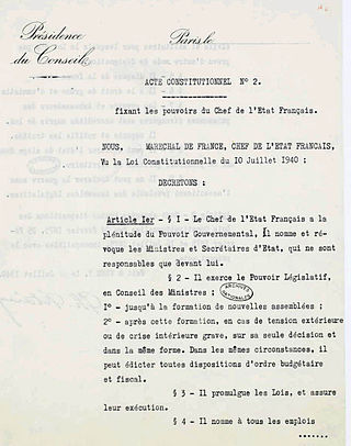 <span class="mw-page-title-main">French Constitutional Law of 1940</span> Law turning the French Third Republic into a client state of Nazi Germany (Vichy France)