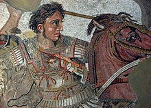 Alexander the Great is portrayed at the Battle of Gaugamela (331 BCE) on a mosaic found on the floor of the House of the Faun in Pompeii. He is astride his famous horse Bucephalos and wears a breastplate decorated with the head of Medusa. Alexander the Great is portrayed at the Battle of Gaugamela.jpg