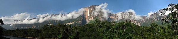 Partly clouded view of Auyán-tepui and Angel Falls (centre) from Isla Raton camp, the photograph was taken at the end of the dry season