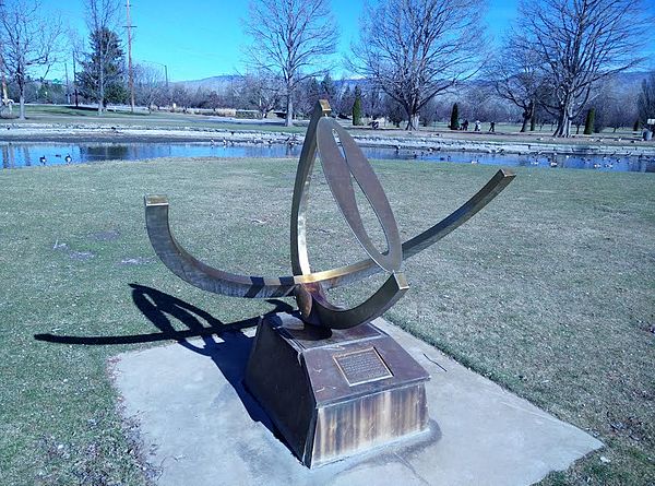 A combined analemmatic-equatorial sundial in Ann Morrison Park in Boise, Idaho, 43°36'45.5"N 116°13'27.6"W